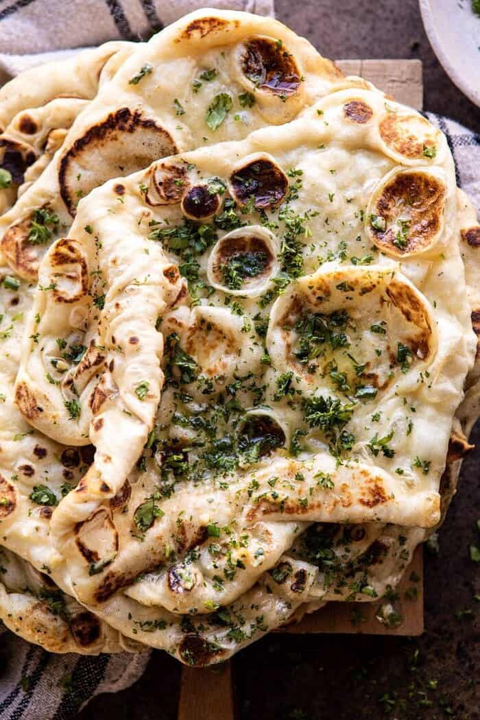 overhead close up photo of Herbed Garlic Butter Naan