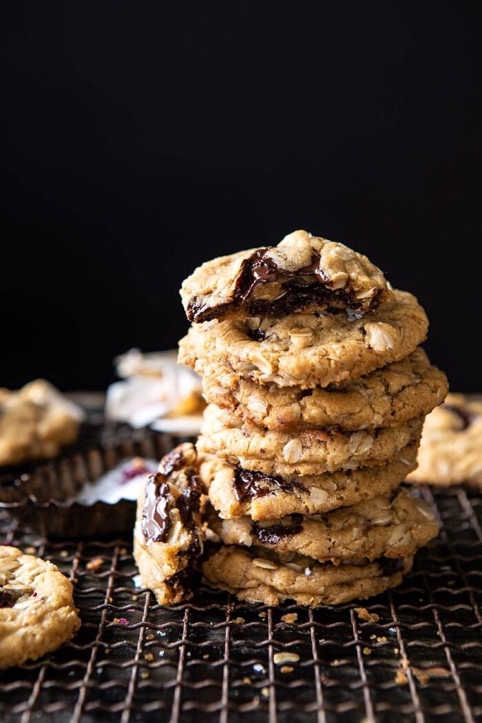 Peanut Butter Chocolate Chunk Oatmeal Cookies stacked on top of each other