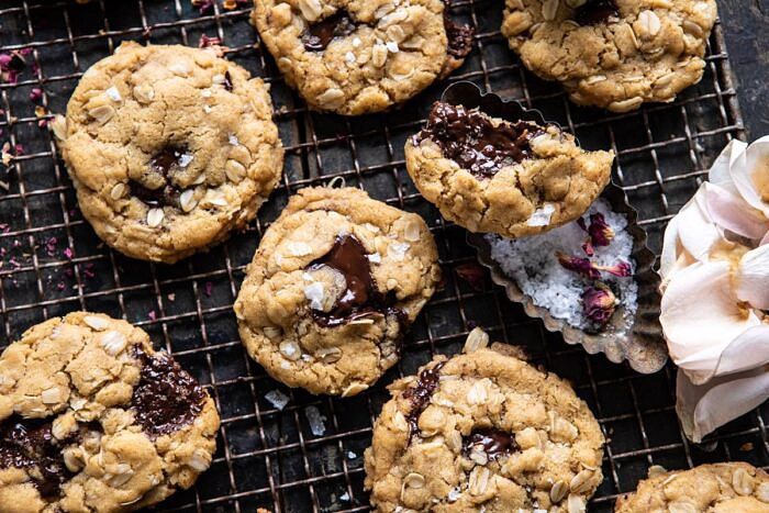 horizontal photo of Peanut Butter Chocolate Chunk Oatmeal Cookies | halfbakedharvest.com #cookies #oatmeal #easyrecipes #dessert #chocolate 