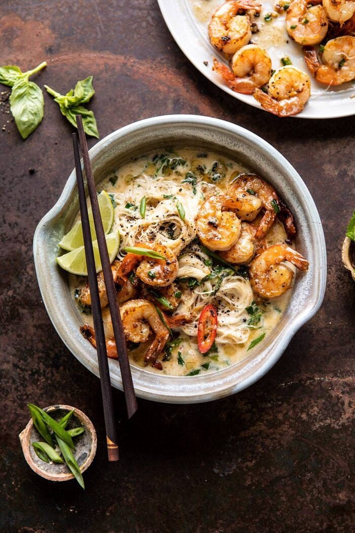 overhead photo of Saucy Garlic Butter Shrimp with Coconut Milk and Rice Noodles