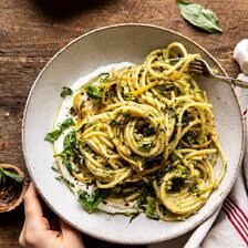 Broccoli Pesto Pasta with Whipped Ricotta | halfbakedharvest.com #broccoli #pasta #easyrecipes #healthyrecipes