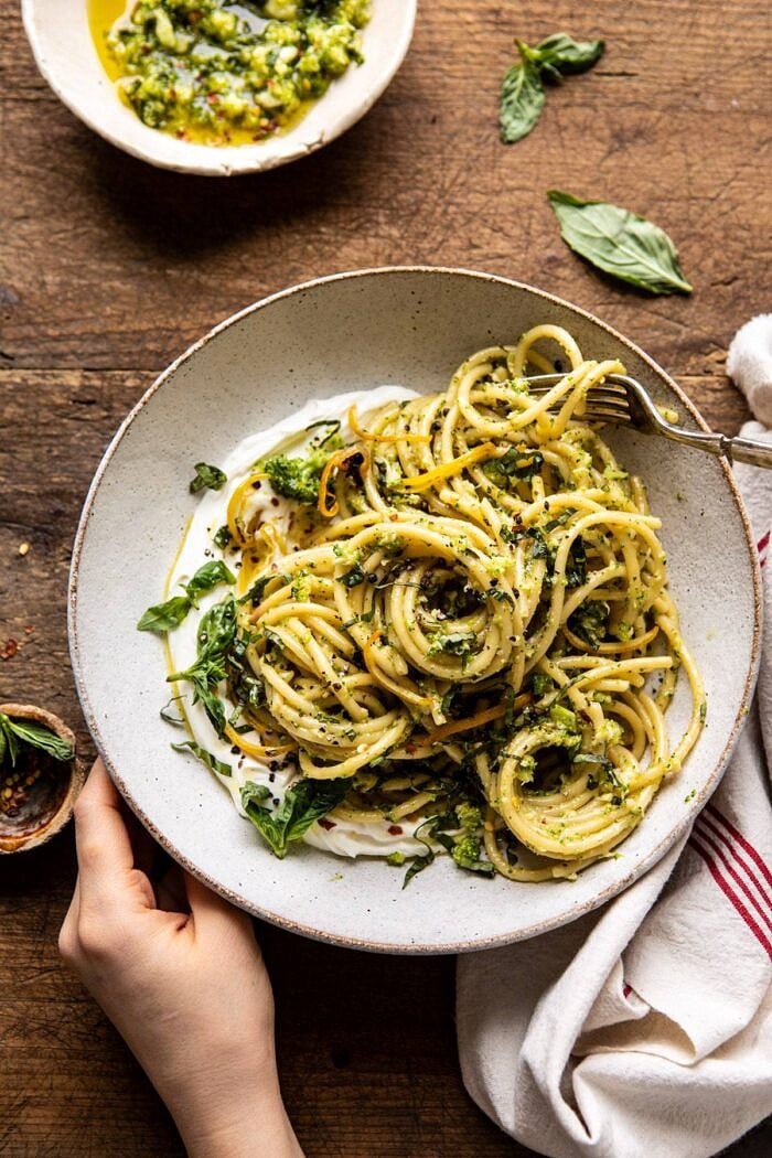 Broccoli Pesto Pasta with Whipped Ricotta | halfbakedharvest.com #broccoli #pasta #easyrecipes #healthyrecipes
