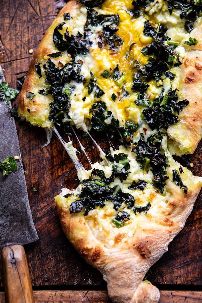 Khachapuri (Georgian Cheese Bread) with Kale and Herb Sauce | halfbakedharvest.com #pizza #easyrecipes #cheese #bread