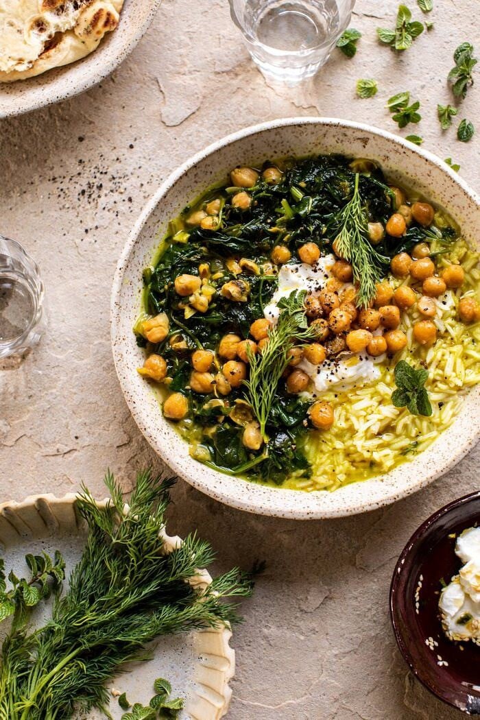 overhead photo of Persian Herb and Chickpea Stew with Rice