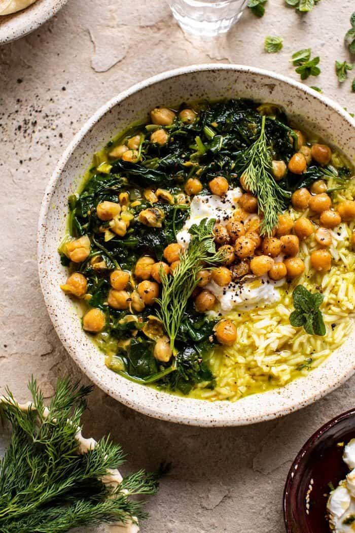 overhead close up photo of Persian Herb and Chickpea Stew with Rice 