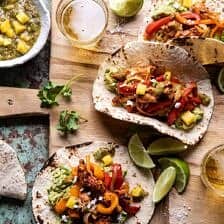 30 Minute Chicken Fajitas with Roasted Pineapple Salsa Verde | halfbakedharvest.com #chickenrecipes #mexicanrecipes #dinner #fajitas #healthyrecipes