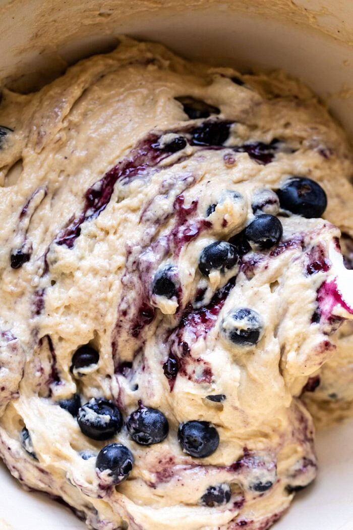 Blueberry Swirl Coffee Cake Muffin batter in mixing bowl