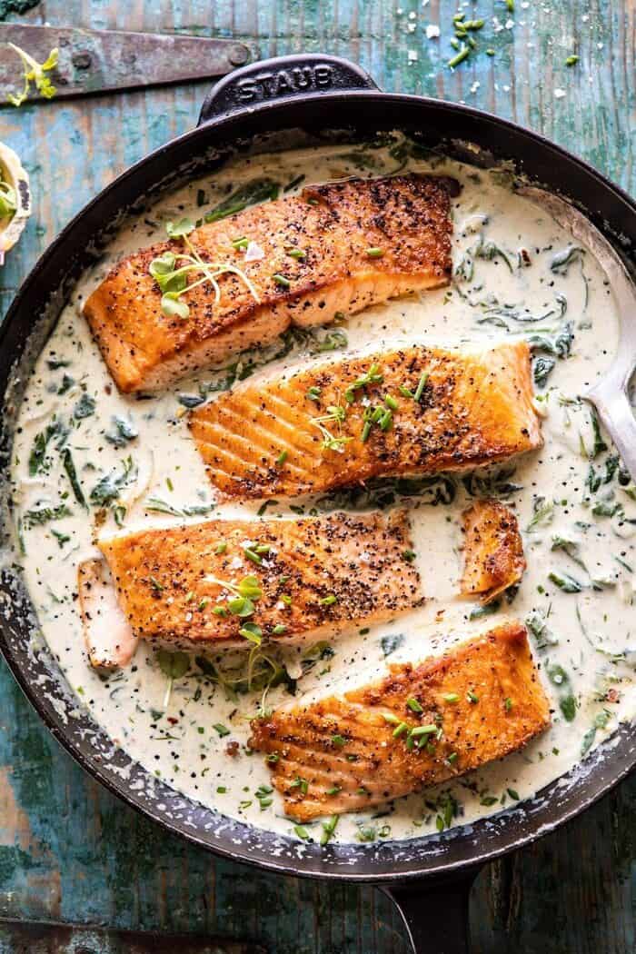 Garlic Butter Creamed Spinach Salmon | halfbakedharvest.com #salmon #easyrecipes #seafood #dinner