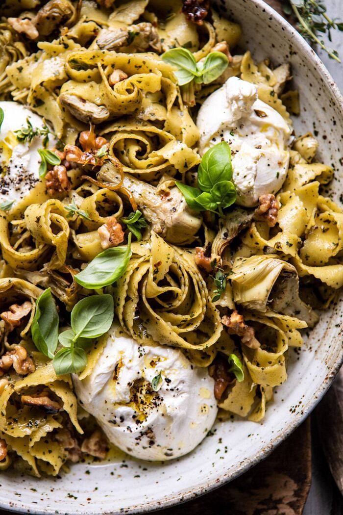 overhead close up photo of Roasted Lemon Artichoke and Browned Butter Pasta