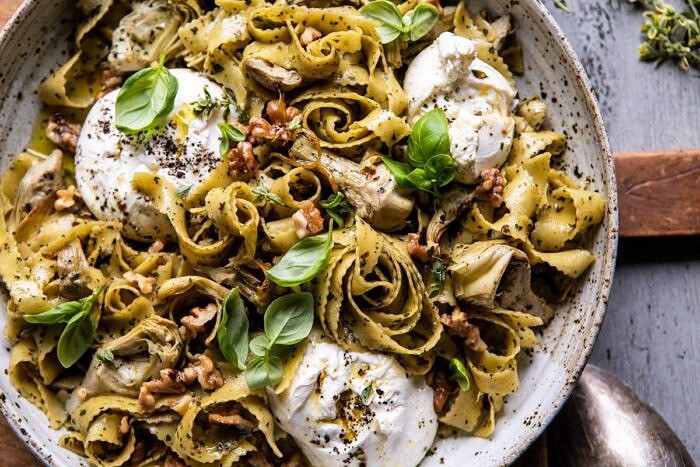 horizontal photo of Roasted Lemon Artichoke and Browned Butter Pasta 