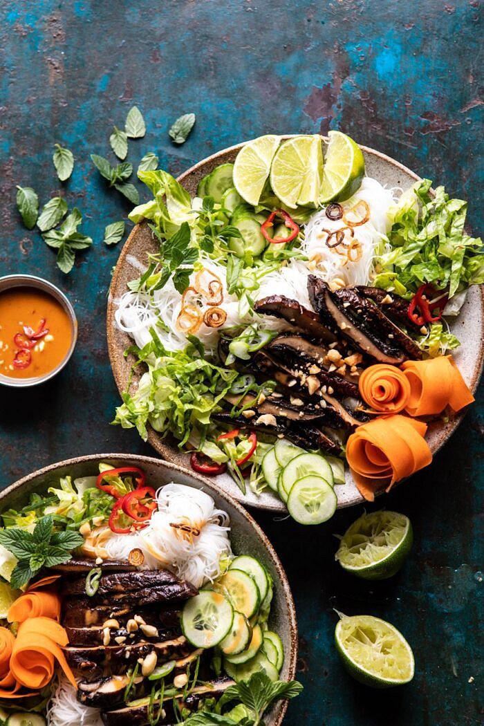 Vietnamese Rice Noodle Salad with Mushrooms and Spicy Peanut Vinaigrette | halfbakedharvest.com #healthy #salad #springrecipes #Asian