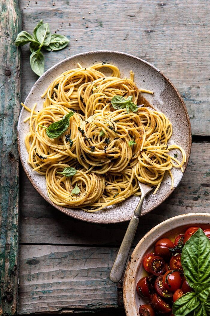 20 Minute Garlic Basil Brown Butter Pasta | halfbakedharvest.com #pasta #easyrecipe #tomatoes #basil #easyrecipes #spring #summer