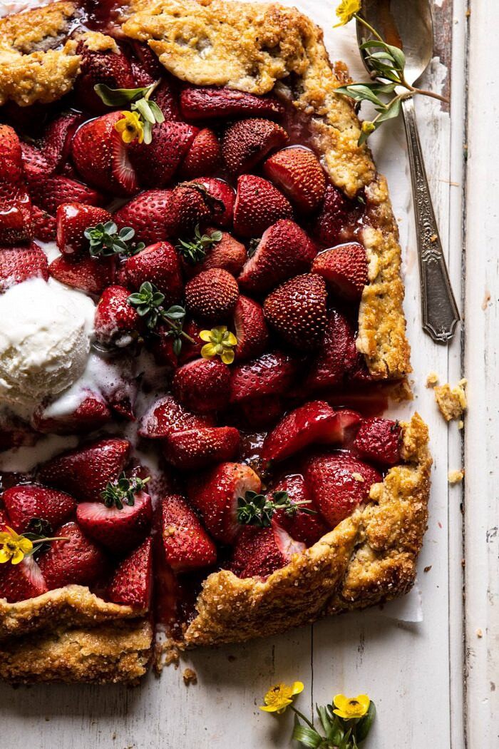 overhead close up photo of Jammy Strawberry Galette with ice cream on top 