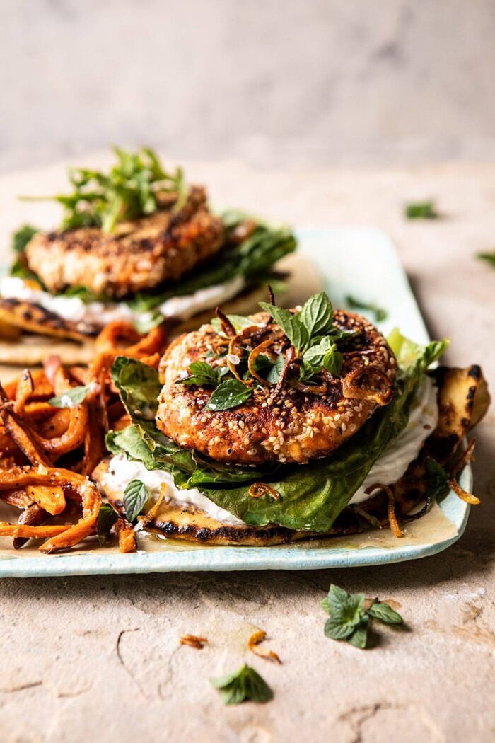 front on photo of Sesame Crusted Curried Salmon Burgers with Lemony Herbs 