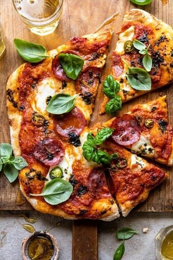 Sweet and Spicy Tomato Basil Pepperoni Pizza | halfbakedharvest.com #pizza #easyrecipes #cheese #summer #spring