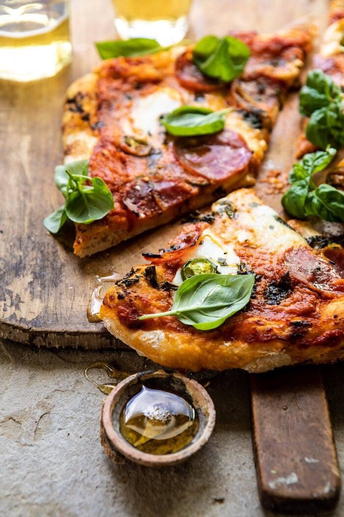 Sweet and Spicy Tomato Basil Pepperoni Pizza | halfbakedharvest.com #pizza #easyrecipes #cheese #summer #spring