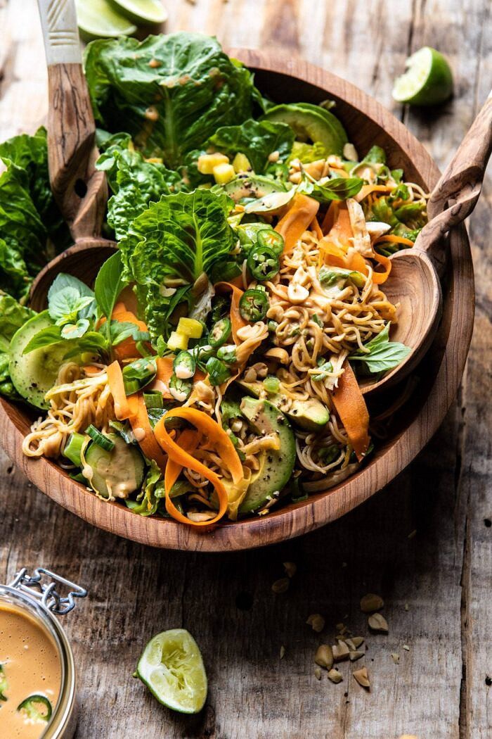side angled photo of Thai Peanut Chicken Ramen Noodle Salad 