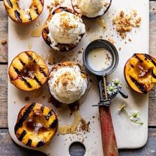 Browned Butter Grilled Peaches with Cinnamon Toast Brioche Crumbs | halfbakedharvest.com #summerrecipes #peaches #icecream #easyrecipes