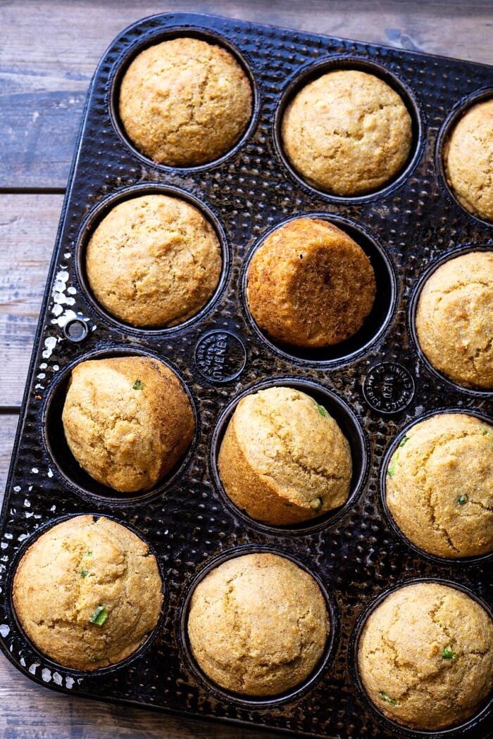 overhead photo of Browned Butter Jalapeño Cornbread Muffins in pan after baking