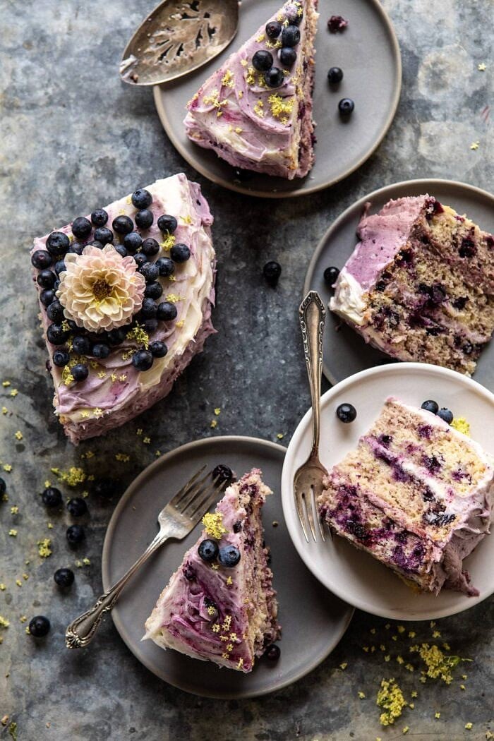 overhead photo of Bursting Blueberry Lemon Layer Cake slices 