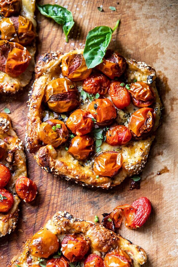 overhead close up photo of Caramelized Onion and Balsamic Tomato Tarts
