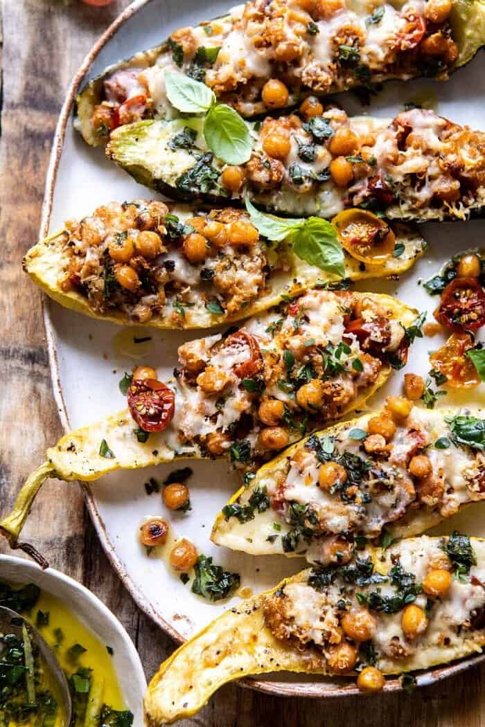 overhead close up photo of Spicy Chickpea and Cheese Stuffed Zucchini 