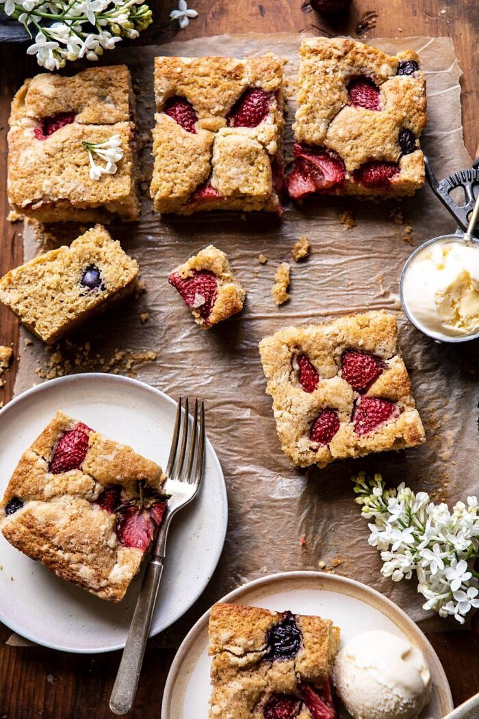 overhead photo of Cherry Strawberry Streusel Cake pieces on plates