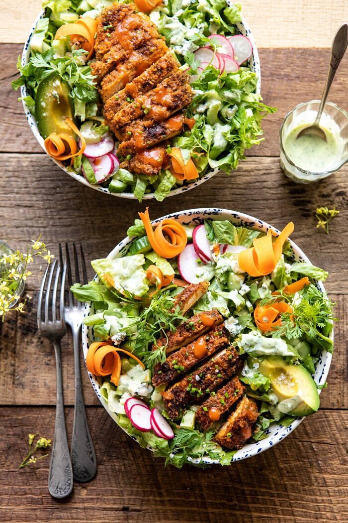 Crispy Buffalo Ranch Chicken Salad with Goddess Dressing | halfbakedharvest.com #buffalochicken #salad #healthy #dinner