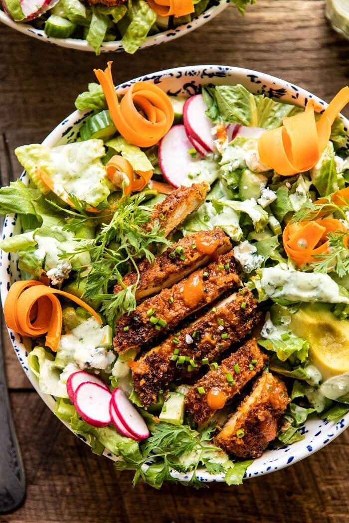 Crispy Buffalo Ranch Chicken Salad with Goddess Dressing | halfbakedharvest.com #buffalochicken #salad #healthy #dinner