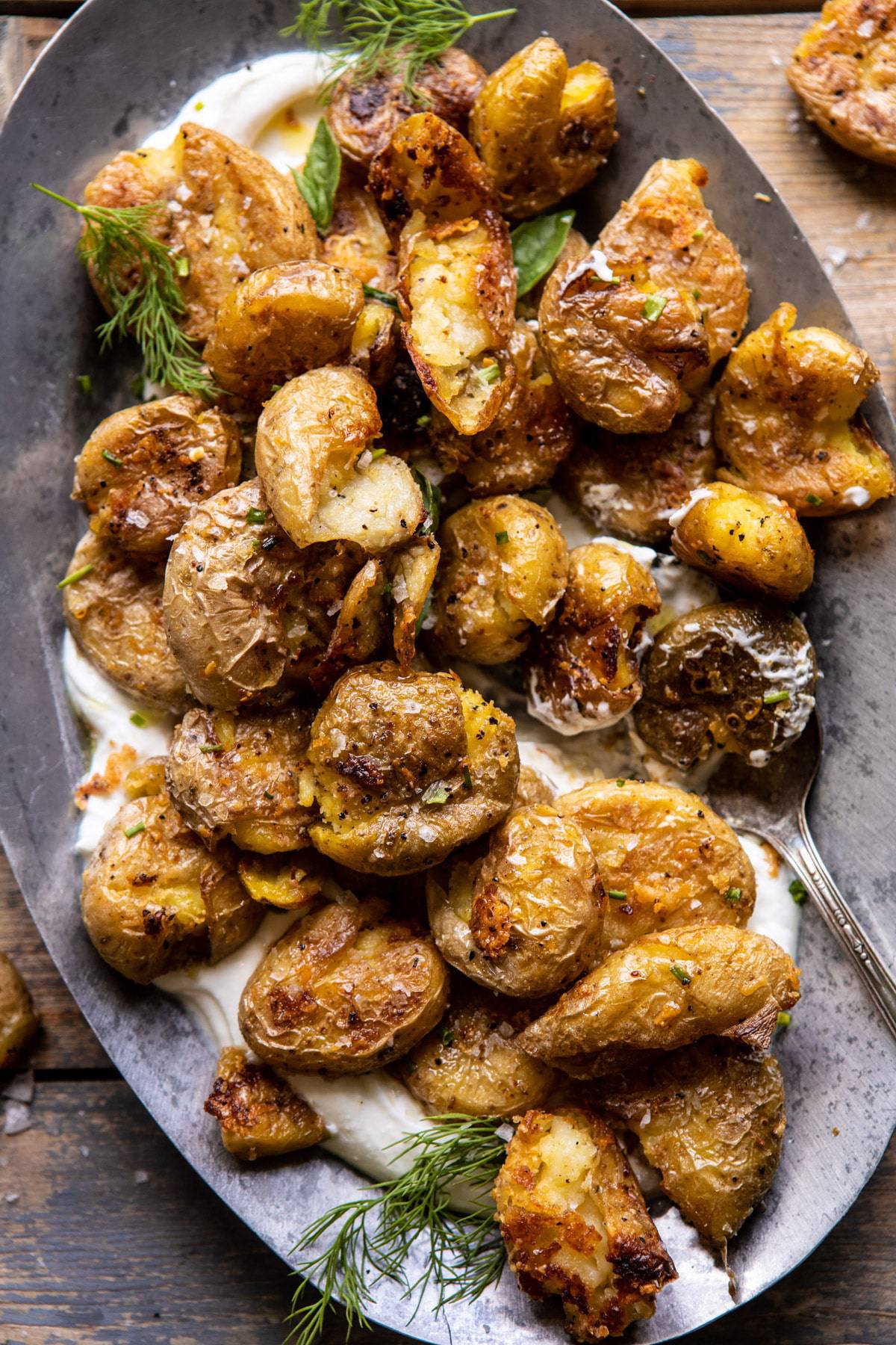Crispy Salt and Vinegar Smashed Potatoes | halfbakedharvest.com #potatoes #instantpot #easyrecipes #sidedish
