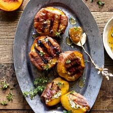Prosciutto Goat Cheese Stuffed Peaches with Thyme Honey | halfbakedharvest.com #peaches #appetizer #goatcheese