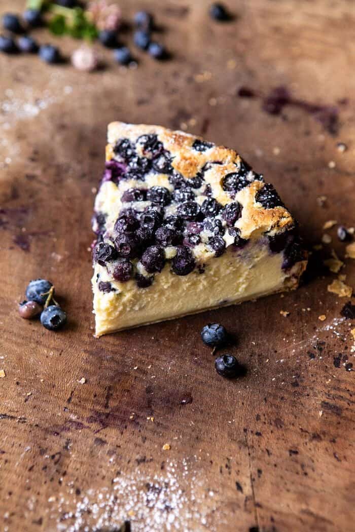 side angled photo of Simple Blueberry Basque Cheesecake slice