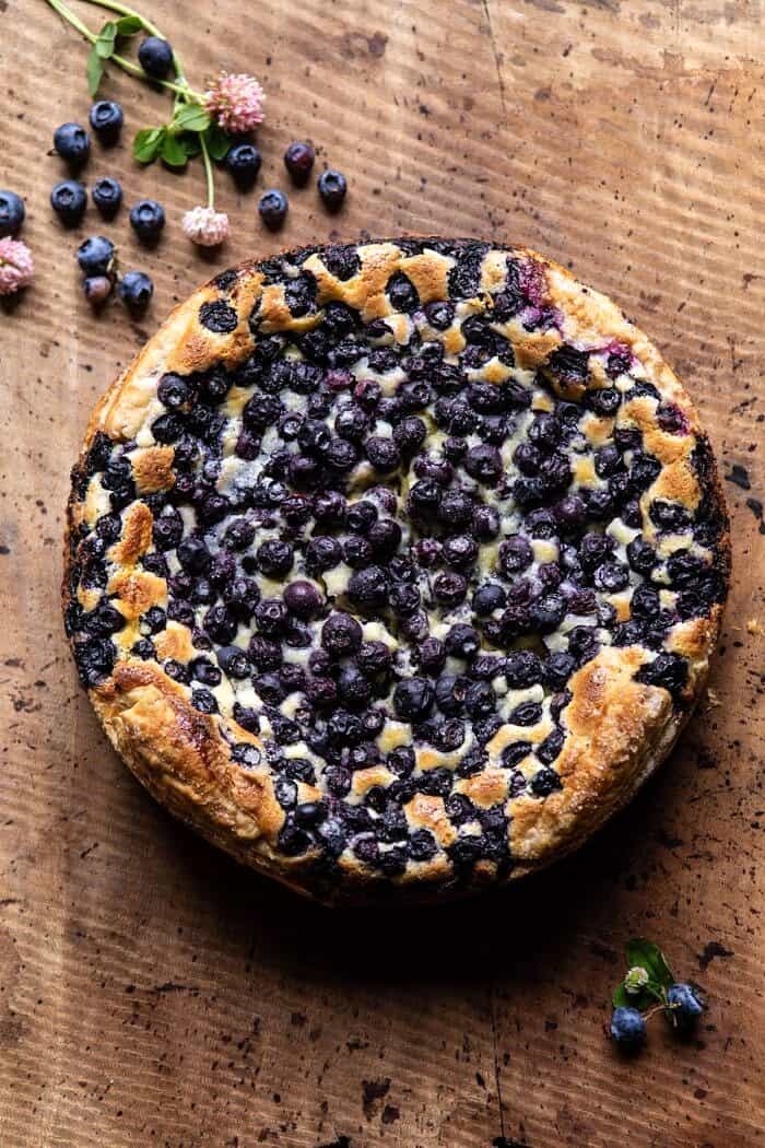 overhead photo of Simple Blueberry Basque Cheesecake before cutting into