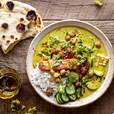 Summer Coconut Chickpea Curry with Rice and Fried Halloumi | halfbakedharvest.com #coconut #vegan #curry #easyrecipes #summer