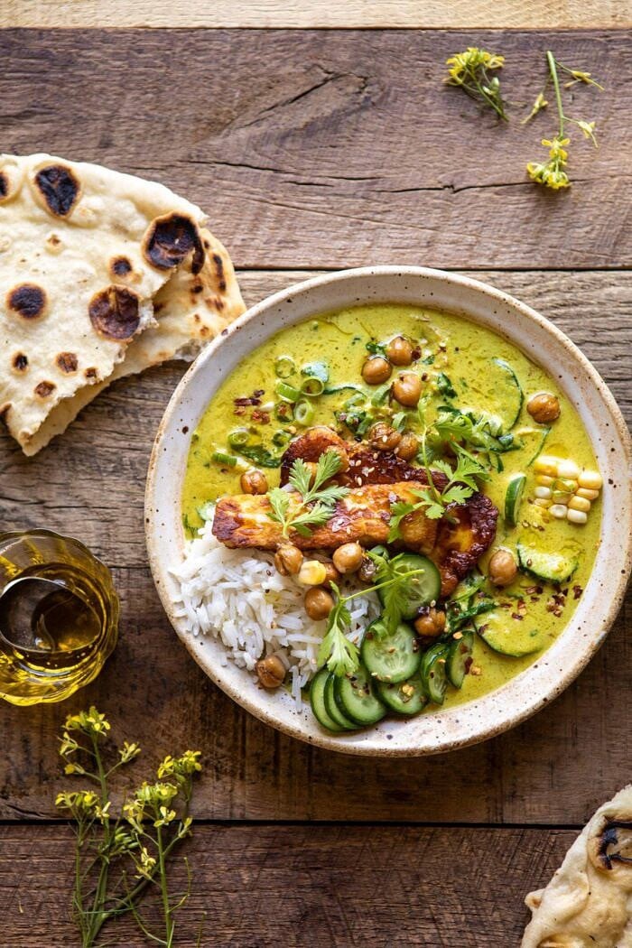 overhead photo of Summer Coconut Chickpea Curry with Rice and Fried Halloumi 