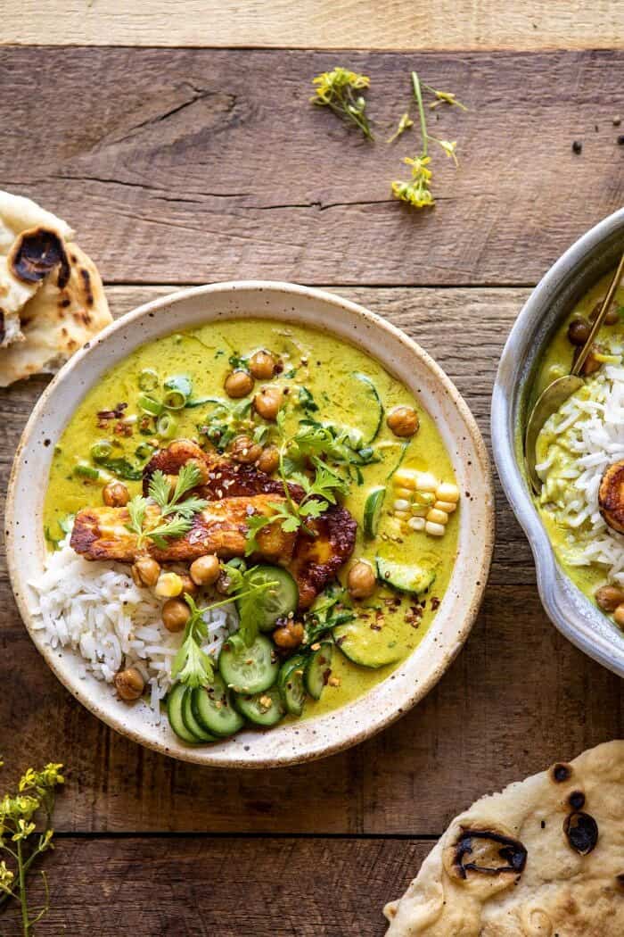 Summer Coconut Chickpea Curry with Rice and Fried Halloumi | halfbakedharvest.com #coconut #vegan #curry #easyrecipes #summer