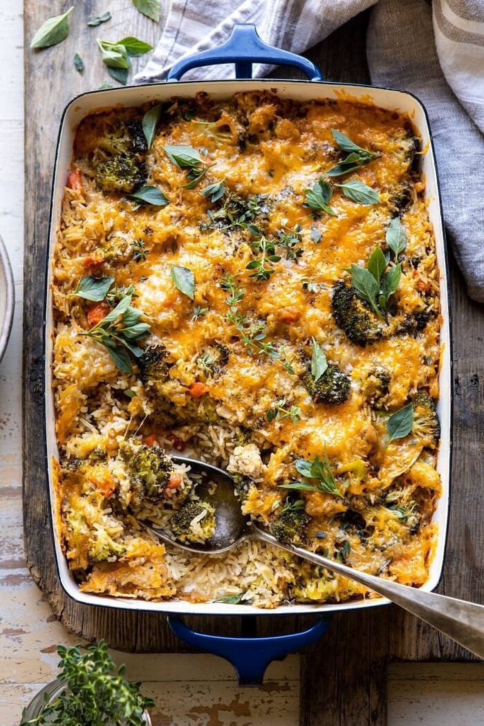 Broccoli Cheddar Chicken and Rice Casserole | halfbakedharvest.com #casserole #healthyrecipes #familyrecipes #chickenandrice