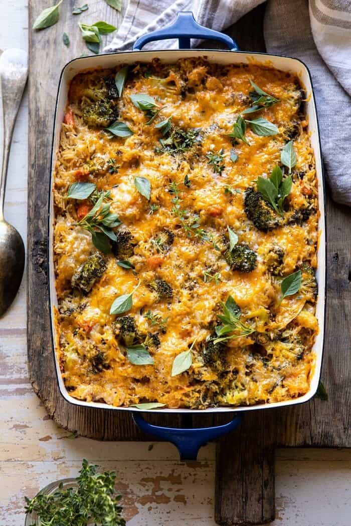 overhead photo of Broccoli Cheddar Chicken and Rice Casserole