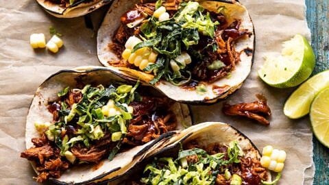 Instant Pot BBQ Beer Pulled Chicken Tacos with Ranch Corn Slaw | halfbakedharvest.com #instantpot #slowcooker #easyrecipes #tacos