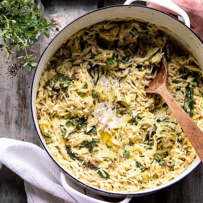 Souper Creamy Lemon Butter Cheesy Zucchini Orzo | halfbakedharvest.com #orzo #easyrecipes #zucchini