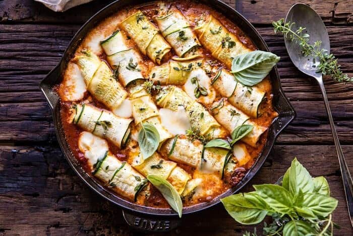 horizontal photo of Spicy Pesto and Cheese Stuffed Zucchini Involtini