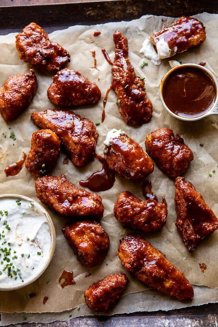 overhead close up photo of Baked Boneless Honey BBQ Chicken Wings with Spicy Ranch on wings