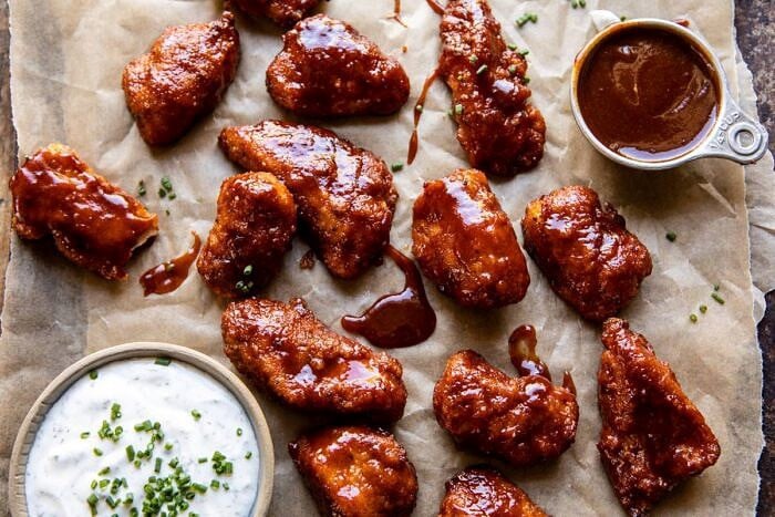 overhead horizontal photo of Baked Boneless Honey BBQ Chicken Wings with Spicy Ranch 