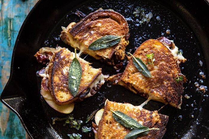 horizontal photo of French Onion and Apple Grilled Cheese in skillet