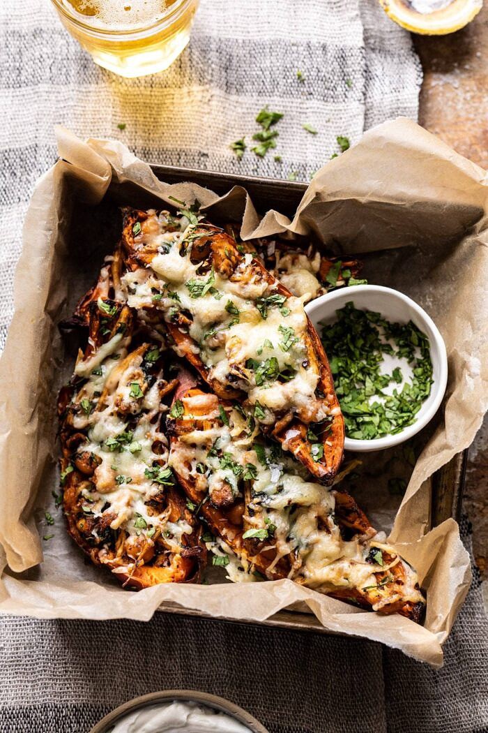 overhead photo of Healthy Chipotle Chicken Sweet Potato Skins