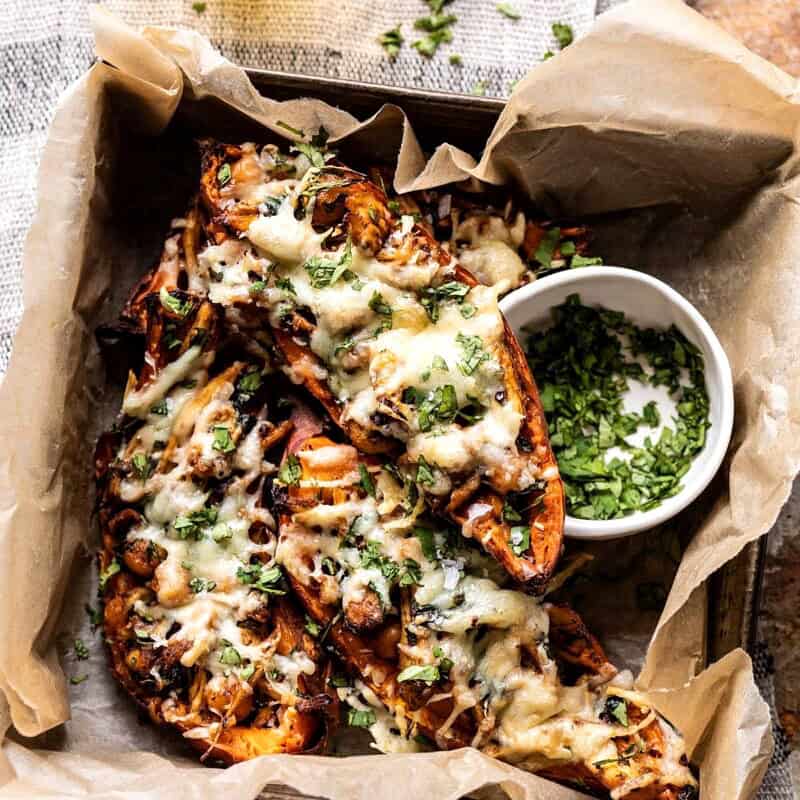 Healthy Chipotle Chicken Sweet Potato Skins | halfbakedharvest.com #sweetpotatoes #healthyrecipes #chicken