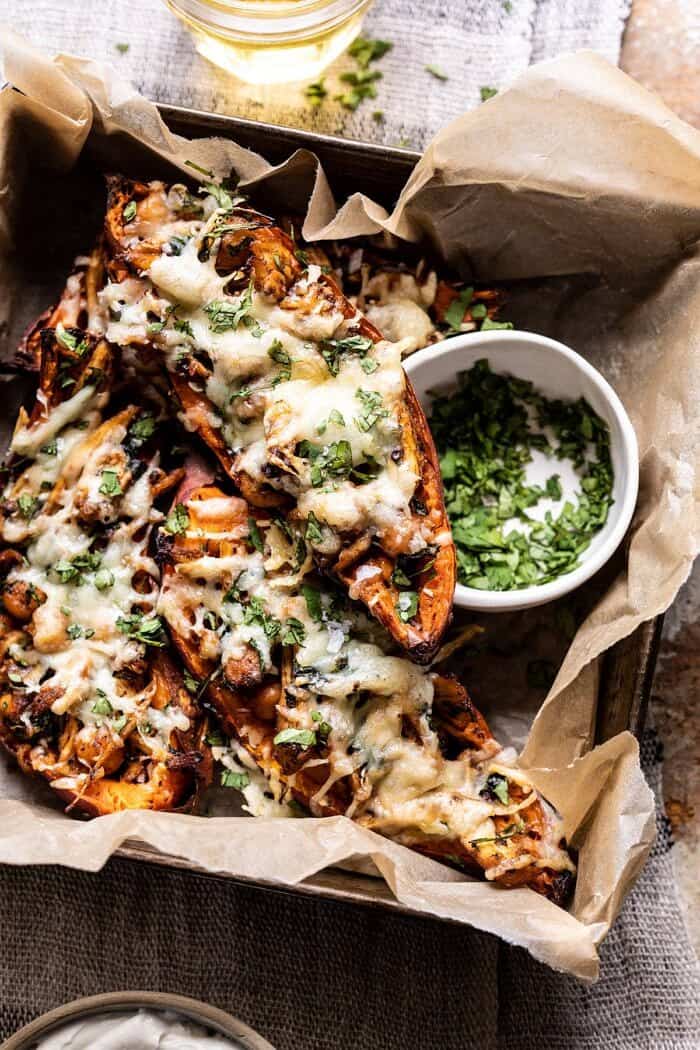 overhead close up photo of Healthy Chipotle Chicken Sweet Potato Skins