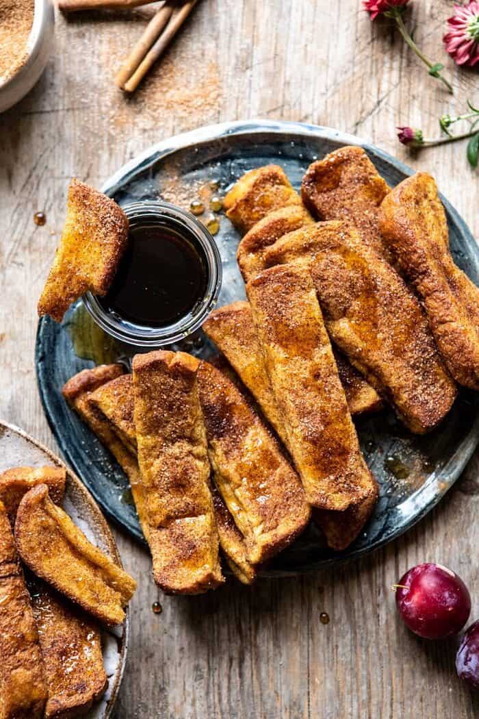 overhead photo of Cinnamon Sugar French Toast Sticks on plate