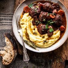 30 Minute Coq au Vin Chicken Meatballs with browned Butter Mashed Potatoes | halfbakedharvest.com #meatballs #easyrecipe #dinner