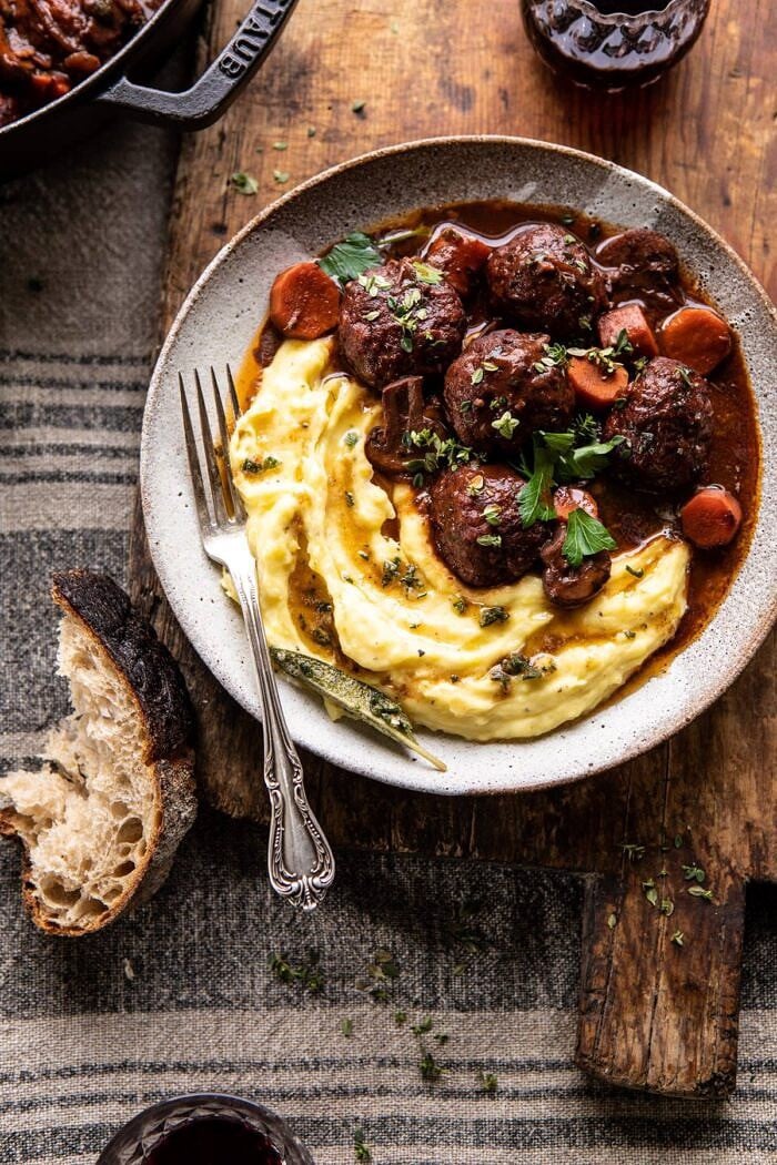 30 Minute Coq au Vin Chicken Meatballs with browned Butter Mashed Potatoes | halfbakedharvest.com #meatballs #easyrecipe #dinner